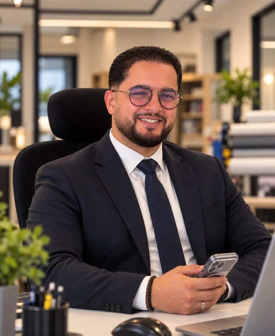 Mohammed, eigenaar van KOLÉ, aan zijn bureau in de winkel