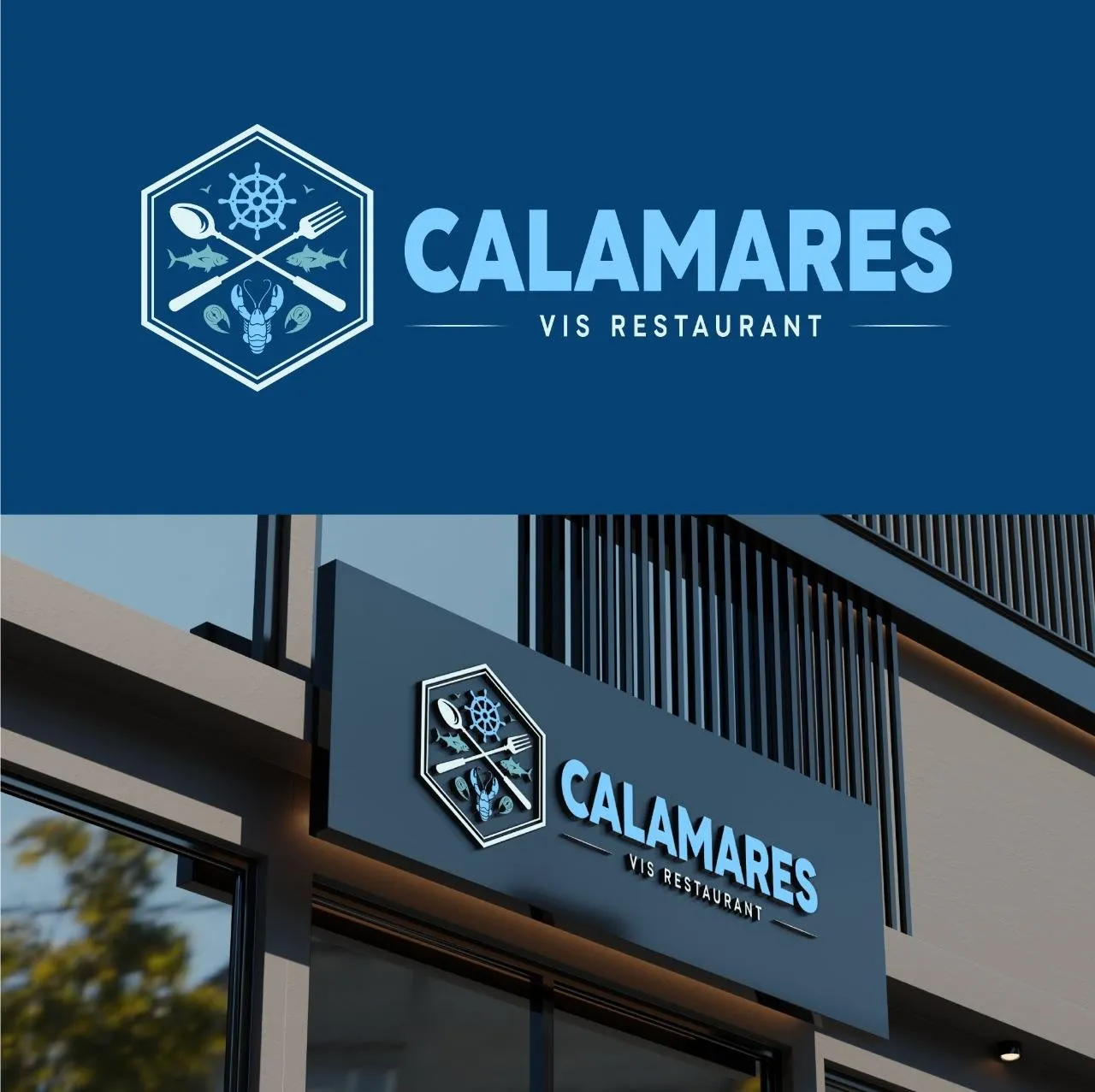 Logo en gevelbord voor visrestaurant Calamares